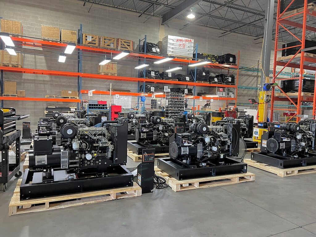 Diesel generator sets staged in a warehouse before export
