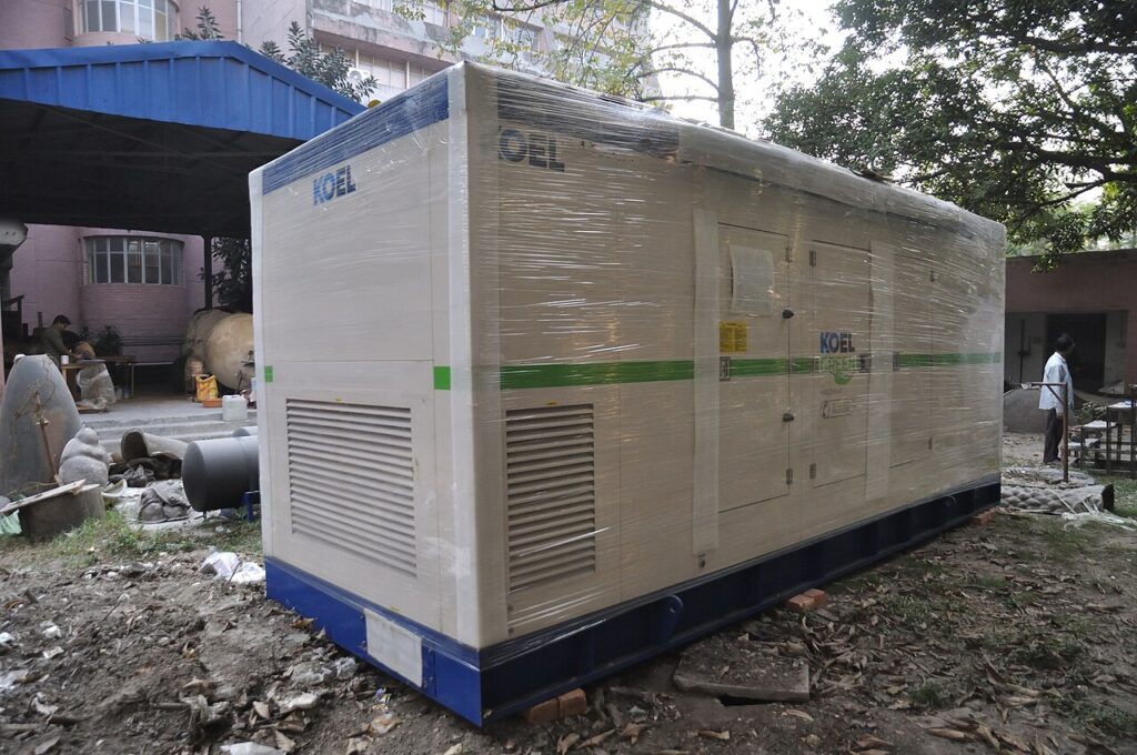 Containerized diesel generator set shrink-wrapped and ready for export delivery